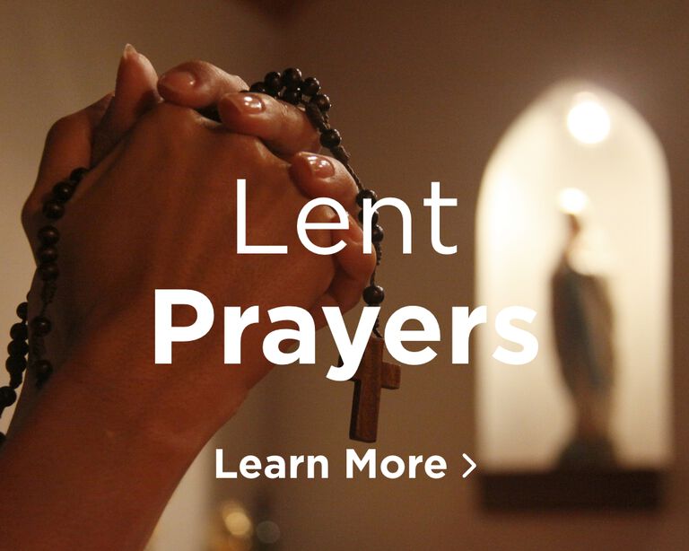 Folded hands in prayer holding a wooden rosary. Illuminated in the dark background is a statue of the Mother Mary. Image links to Lent Prayers page.